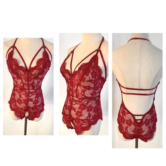 Elegant Seductive Red Scalloped Lace Teddy Bodysuit - Picture 4 of 12